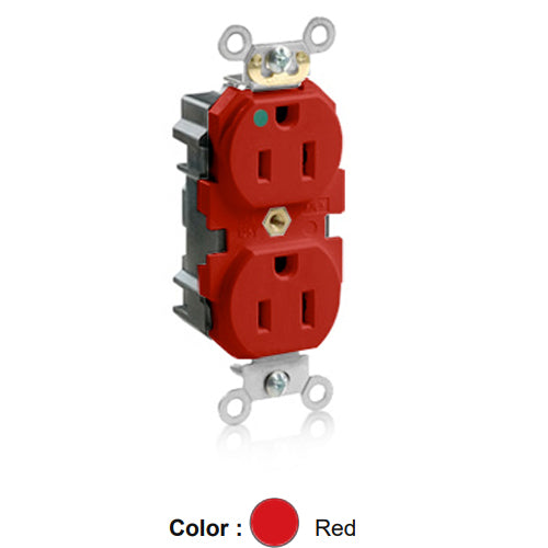 Leviton M8200-HR, Lev-Lok Straight Blade Duplex Receptacle, Heavy-Duty Hospital Grade, Smooth Face, 15A 125V, NEMA 5-15R, 2-Pole, 3-Wire, Modular Terminals, Red
