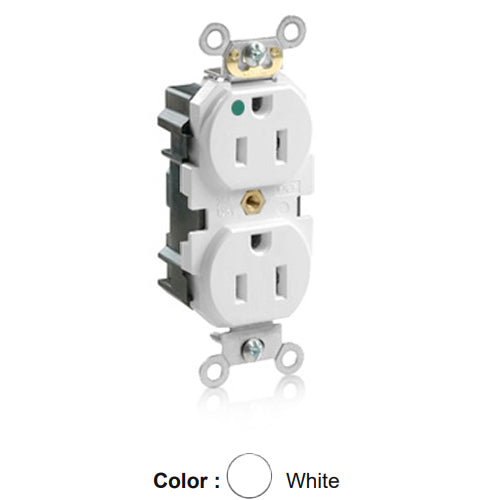 Leviton M8200-HW, Lev-Lok Straight Blade Duplex Receptacle, Heavy-Duty Hospital Grade, Smooth Face, 15A 125V, NEMA 5-15R, 2-Pole, 3-Wire, Modular Terminals, White
