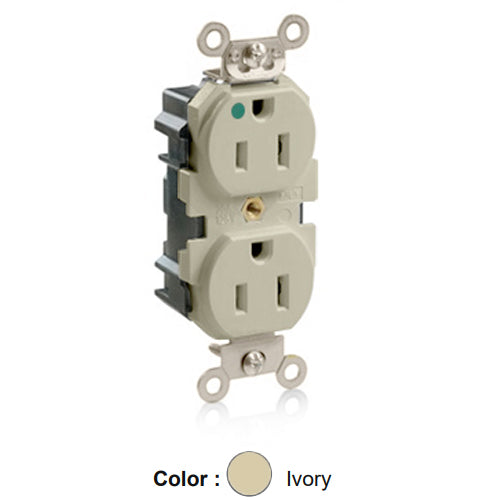 Leviton M8200-I, Lev-Lok Straight Blade Duplex Receptacle, Extra Heavy-Duty Hospital Grade, Smooth Face, 15A 125V, NEMA 5-15R, 2-Pole, 3-Wire, Modular Terminals, Nickel-Plated Brass Strap, Ivory