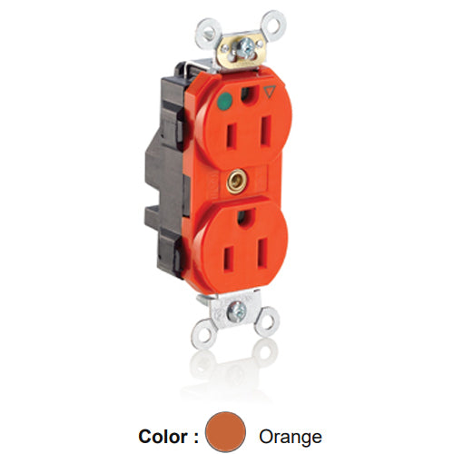 Leviton M8200-IG, Lev-Lok Straight Blade Duplex Receptacle, Heavy-Duty Hospital Grade, Isolated Ground , Smooth Face, 15A 125V, NEMA 5-15R, 2-Pole, 3-Wire, Modular Terminals, Orange