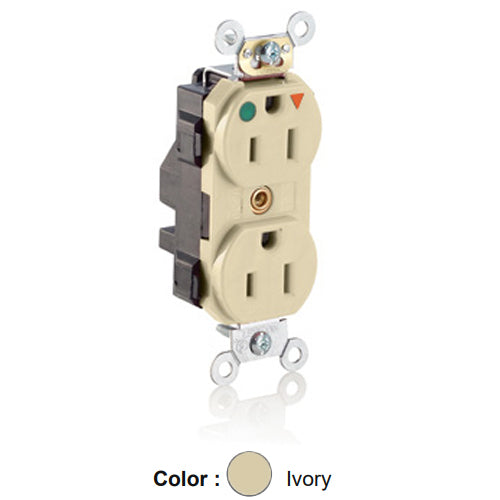 Leviton M8200-IGI, Lev-Lok Straight Blade Duplex Receptacle, Heavy-Duty Hospital Grade, Isolated Ground , Smooth Face, 15A 125V, NEMA 5-15R, 2-Pole, 3-Wire, Modular Terminals, Ivory