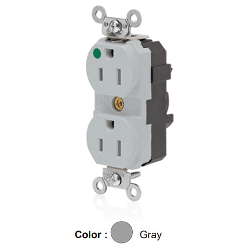 Leviton M8200-ILG, Lev-Lok Straight Blade Duplex Receptacle, Extra Heavy-Duty Hospital Grade, Illuminated, Smooth Face, 15A 125V, NEMA 5-15R, 2-Pole, 3-Wire, Modular Terminals, Nickel-Plated Brass Strap, Gray