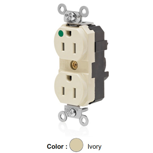 Leviton M8200-ILI, Lev-Lok Straight Blade Duplex Receptacle, Extra Heavy-Duty Hospital Grade, Illuminated, Smooth Face, 15A 125V, NEMA 5-15R, 2-Pole, 3-Wire, Modular Terminals, Nickel-Plated Brass Strap, Ivory