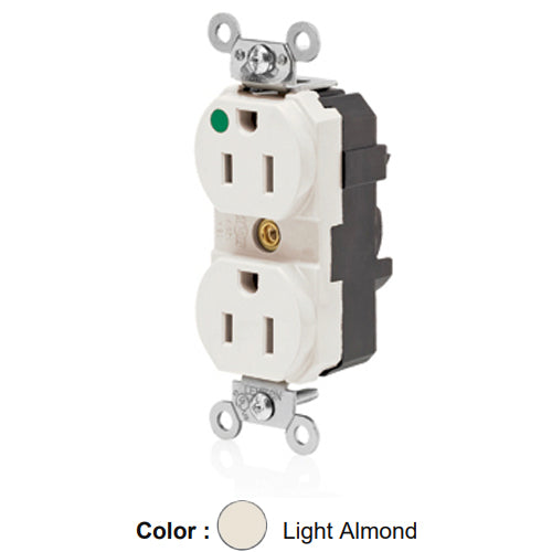 Leviton M8200-ILT, Lev-Lok Straight Blade Duplex Receptacle, Extra Heavy-Duty Hospital Grade, Illuminated, Smooth Face, 15A 125V, NEMA 5-15R, 2-Pole, 3-Wire, Modular Terminals, Nickel-Plated Brass Strap, Light Almond