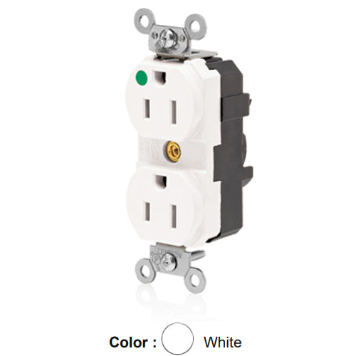 Leviton M8200-ILW, Lev-Lok Straight Blade Duplex Receptacle, Extra Heavy-Duty Hospital Grade, Illuminated, Smooth Face, 15A 125V, NEMA 5-15R, 2-Pole, 3-Wire, Modular Terminals, Nickel-Plated Brass Strap, White