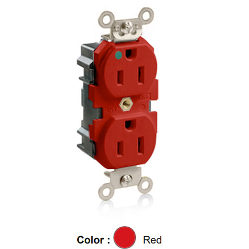 Leviton M8200-R, Lev-Lok Straight Blade Duplex Receptacle, Extra Heavy-Duty Hospital Grade, Smooth Face, 15A 125V, NEMA 5-15R, 2-Pole, 3-Wire, Modular Terminals, Nickel-Plated Brass Strap, Red