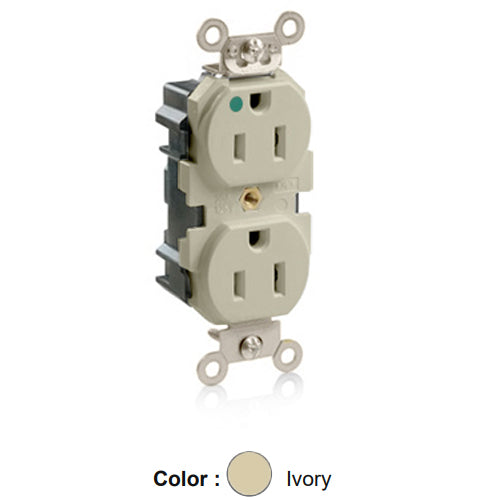 Leviton M8200-SGI, Lev-Lok Straight Blade Duplex Receptacle, Extra Heavy-Duty Hospital Grade, Tamper-Resistant, Smooth Face, 15A 125V, NEMA 5-15R, 2-Pole, 3-Wire, Modular Terminals, Nickel-Plated Brass Strap, Ivory