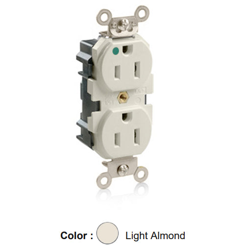 Leviton M8200-SGT, Lev-Lok Straight Blade Duplex Receptacle, Extra Heavy-Duty Hospital Grade, Tamper-Resistant, Smooth Face, 15A 125V, NEMA 5-15R, 2-Pole, 3-Wire, Modular Terminals, Nickel-Plated Brass Strap, Light Almond