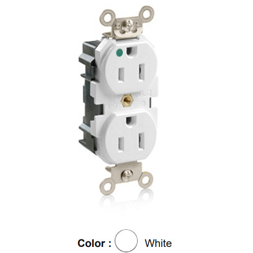 Leviton M8200-SGW, Lev-Lok Straight Blade Duplex Receptacle, Extra Heavy-Duty Hospital Grade, Tamper-Resistant, Smooth Face, 15A 125V, NEMA 5-15R, 2-Pole, 3-Wire, Modular Terminals, Nickel Plated Brass Strap, White