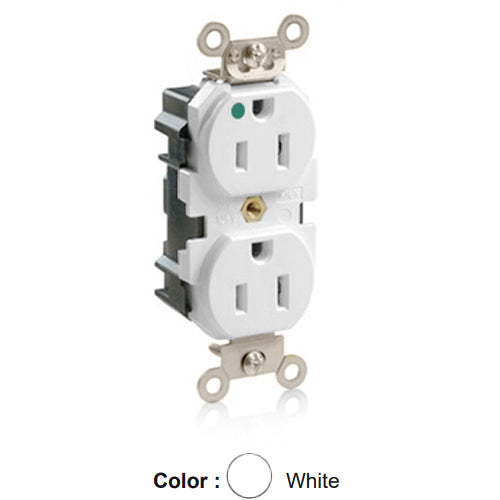 Leviton M8200-W, Lev-Lok Straight Blade Duplex Receptacle, Extra Heavy-Duty Hospital Grade, Smooth Face, 15A 125V, NEMA 5-15R, 2-Pole, 3-Wire, Modular Terminals, Nickel-Plated Brass Strap, White