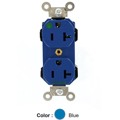 Leviton M8300-B, Lev-Lok Straight Blade Duplex Receptacle, Extra Heavy-Duty Hospital Grade, Smooth Face, 20A 125V, NEMA 5-20R, 2-Pole, 3-Wire, Modular Terminals, Nickel-Plated Brass Strap, Blue