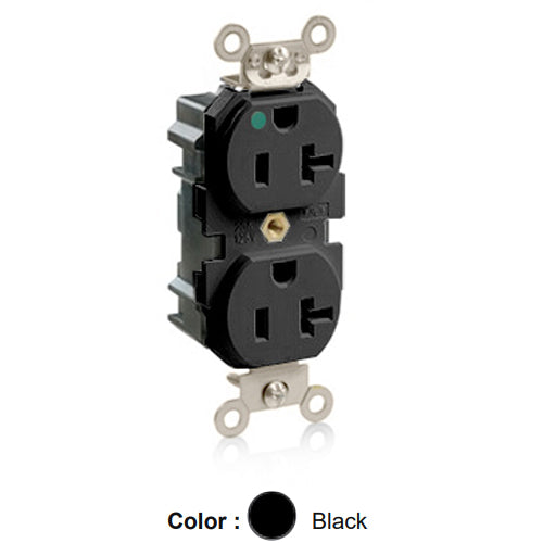 Leviton M8300-E, Lev-Lok Straight Blade Duplex Receptacle, Extra Heavy-Duty Hospital Grade, Smooth Face, 20A 125V, NEMA 5-20R, 2-Pole, 3-Wire, Modular Terminals, Nickel-Plated Brass Strap, Black