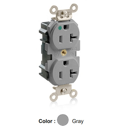 Leviton M8300-GY, Lev-Lok Straight Blade Duplex Receptacle, Extra Heavy-Duty Hospital Grade, Smooth Face, 20A 125V, NEMA 5-20R, 2-Pole, 3-Wire, Modular Terminals, Nickel-Plated Brass Strap, Gray