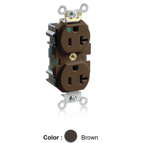 Leviton M8300-H, Lev-Lok Straight Blade Duplex Receptacle, Heavy-Duty Hospital Grade, Smooth Face, 20A 125V, NEMA 5-20R, 2-Pole, 3-Wire, Modular Terminals, Brown