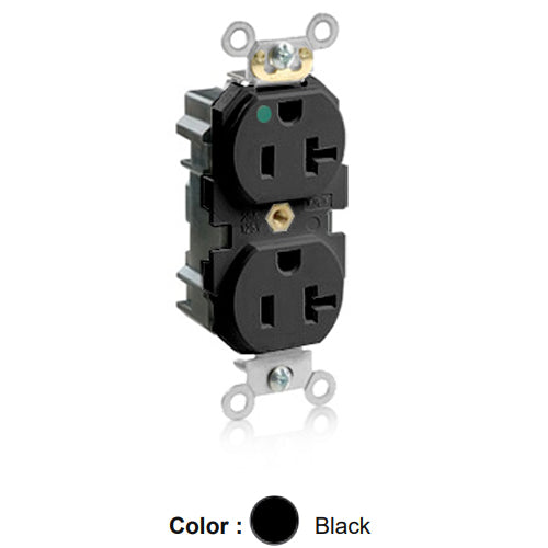 Leviton M8300-HE, Lev-Lok Straight Blade Duplex Receptacle, Heavy-Duty Hospital Grade, Smooth Face, 20A 125V, NEMA 5-20R, 2-Pole, 3-Wire, Modular Terminals, Black