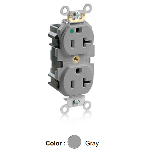Leviton M8300-HGY, Lev-Lok Straight Blade Duplex Receptacle, Heavy-Duty Hospital Grade, Smooth Face, 20A 125V, NEMA 5-20R, 2-Pole, 3-Wire, Modular Terminals, Gray