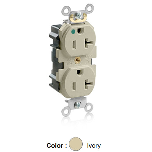 Leviton M8300-HI, Lev-Lok Straight Blade Duplex Receptacle, Heavy-Duty Hospital Grade, Smooth Face, 20A 125V, NEMA 5-20R, 2-Pole, 3-Wire, Modular Terminals, Ivory