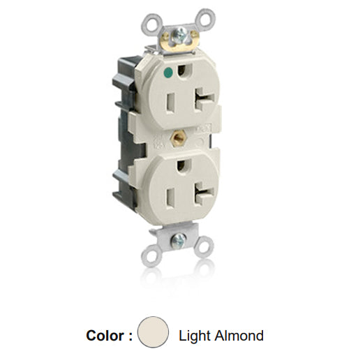 Leviton M8300-HT, Lev-Lok Straight Blade Duplex Receptacle, Heavy-Duty Hospital Grade, Smooth Face, 20A 125V, NEMA 5-20R, 2-Pole, 3-Wire, Modular Terminals, Light Almond