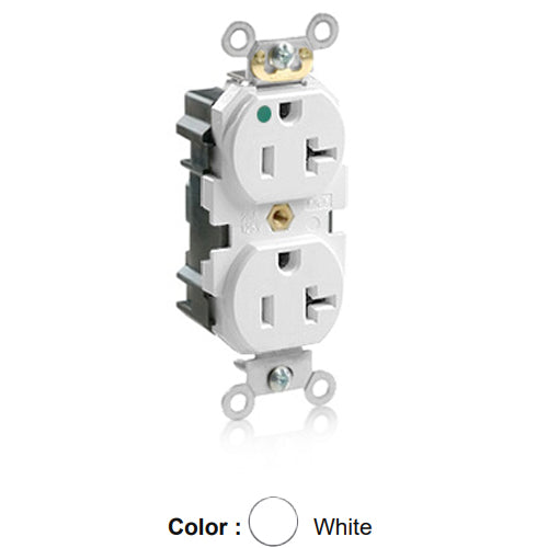 Leviton M8300-HW, Lev-Lok Straight Blade Duplex Receptacle, Heavy-Duty Hospital Grade, Smooth Face, 20A 125V, NEMA 5-20R, 2-Pole, 3-Wire, Modular Terminals, White