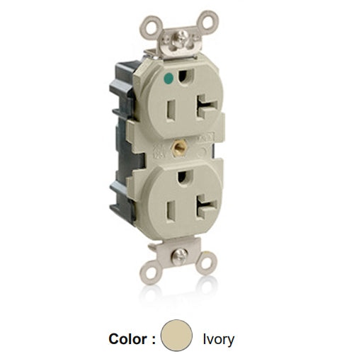 Leviton M8300-I, Lev-Lok Straight Blade Duplex Receptacle, Extra Heavy-Duty Hospital Grade, Smooth Face, 20A 125V, NEMA 5-20R, 2-Pole, 3-Wire, Modular Terminals, Nickel-Plated Brass Strap, Ivory