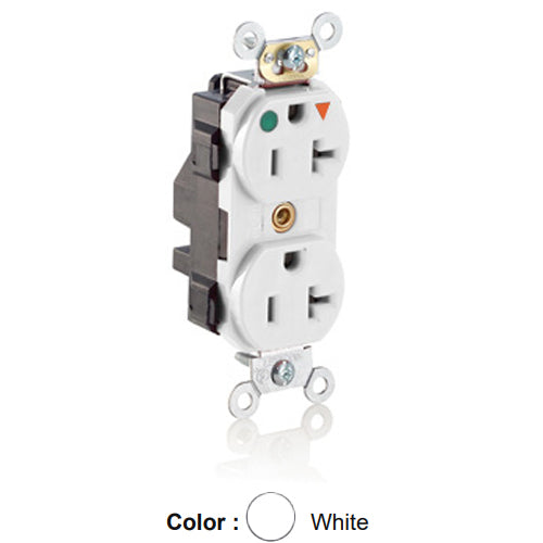 Leviton M8300-IGW, Lev-Lok Straight Blade Duplex Receptacle, Heavy-Duty Hospital Grade, Isolated Ground , Smooth Face, 20A 125V, NEMA 5-20R, 2-Pole, 3-Wire, Modular Terminals, White