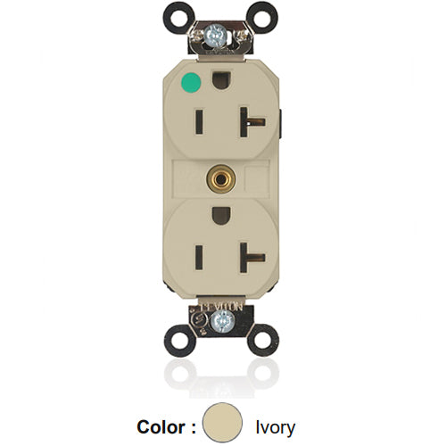 Leviton M8300-ILI, Lev-Lok Straight Blade Duplex Receptacle, Extra Heavy-Duty Hospital Grade, Illuminated, Smooth Face, 20A 125V, NEMA 5-20R, 2-Pole, 3-Wire, Modular Terminals, Nickel-Plated Brass Strap, Ivory
