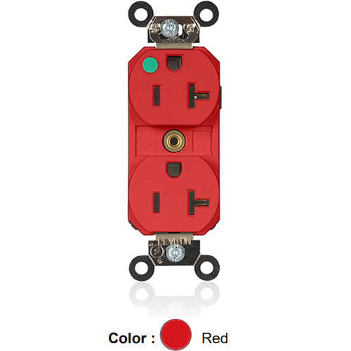 Leviton M8300-ILR, Lev-Lok Straight Blade Duplex Receptacle, Extra Heavy-Duty Hospital Grade, Illuminated, Smooth Face, 20A 125V, NEMA 5-20R, 2-Pole, 3-Wire, Modular Terminals, Nickel-Plated Brass Strap, Red