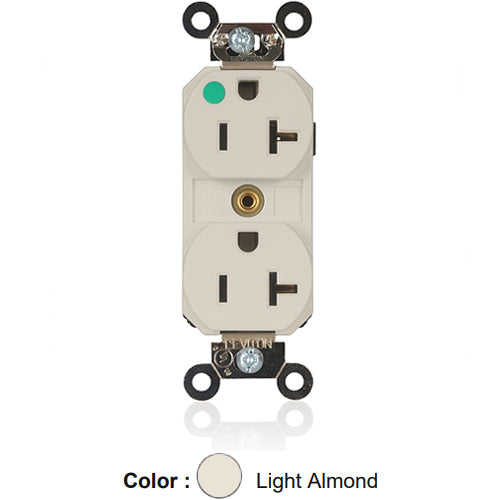 Leviton M8300-ILT, Lev-Lok Straight Blade Duplex Receptacle, Extra Heavy-Duty Hospital Grade, Illuminated, Smooth Face, 20A 125V, NEMA 5-20R, 2-Pole, 3-Wire, Modular Terminals, Nickel-Plated Brass Strap, Light Almond