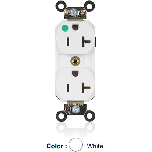 Leviton M8300-ILW, Lev-Lok Straight Blade Duplex Receptacle, Extra Heavy-Duty Hospital Grade, Illuminated, Smooth Face, 20A 125V, NEMA 5-20R, 2-Pole, 3-Wire, Modular Terminals, Nickel-Plated Brass Strap, White