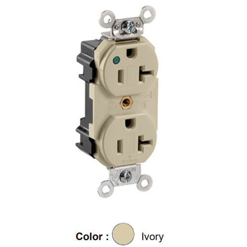 Leviton M8300-PLI, Lev-Lok Straight Blade Duplex Receptacle, Extra Heavy-Duty Hospital Grade, Power Indication, Smooth Face, 20A 125V, NEMA 5-20R, 2-Pole, 3-Wire, Modular Terminals, Nickel-Plated Brass Strap, Ivory