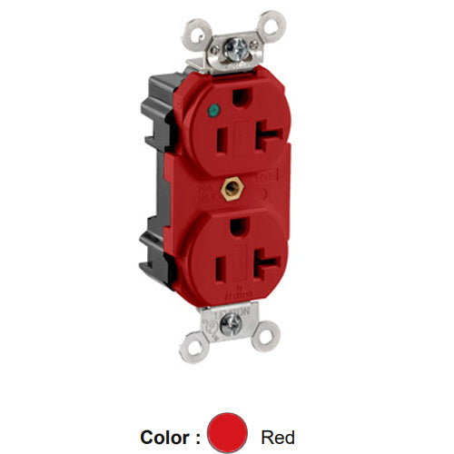Leviton M8300-PLR, Lev-Lok Straight Blade Duplex Receptacle, Extra Heavy-Duty Hospital Grade, Power Indication, Smooth Face, 20A 125V, NEMA 5-20R, 2-Pole, 3-Wire, Modular Terminals, Nickel-Plated Brass Strap, Red