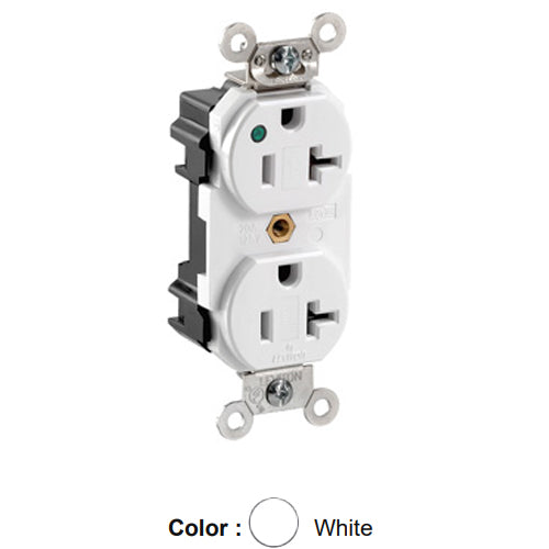 Leviton M8300-PLW, Lev-Lok Straight Blade Duplex Receptacle, Extra Heavy-Duty Hospital Grade, Power Indication, Smooth Face, 20A 125V, NEMA 5-20R, 2-Pole, 3-Wire, Modular Terminals, Nickel-Plated Brass Strap, White