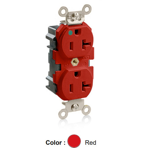 Leviton M8300-R, Lev-Lok Straight Blade Duplex Receptacle, Extra Heavy-Duty Hospital Grade, Smooth Face, 20A 125V, NEMA 5-20R, 2-Pole, 3-Wire, Modular Terminals, Nickel-Plated Brass Strap, Red