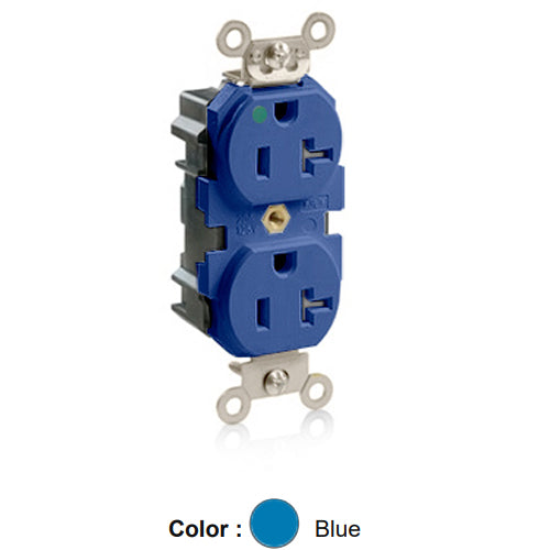 Leviton M8300-SGB, Lev-Lok Straight Blade Duplex Receptacle, Extra Heavy-Duty Hospital Grade, Tamper-Resistant, Smooth Face, 20A 125V, NEMA 5-20R, 2-Pole, 3-Wire, Modular Terminals, Nickel Plated Brass Strap, Blue