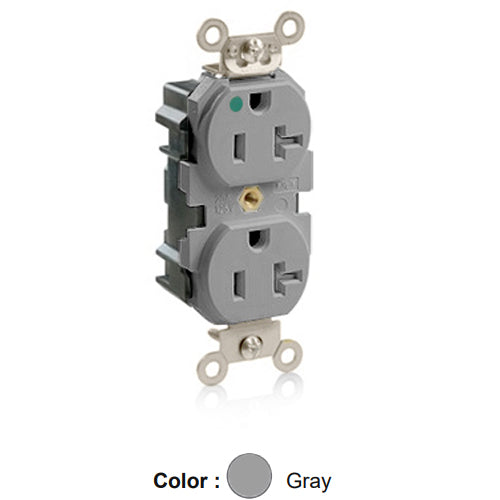 Leviton M8300-SGG, Lev-Lok Straight Blade Duplex Receptacle, Extra Heavy-Duty Hospital Grade, Tamper-Resistant, Smooth Face, 20A 125V, NEMA 5-20R, 2-Pole, 3-Wire, Modular Terminals, Nickel Plated Brass Strap, Gray
