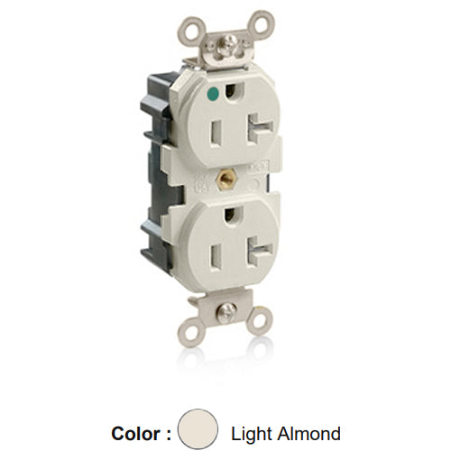 Leviton M8300-SGT, Lev-Lok Straight Blade Duplex Receptacle, Extra Heavy-Duty Hospital Grade, Tamper-Resistant, Smooth Face, 20A 125V, NEMA 5-20R, 2-Pole, 3-Wire, Modular Terminals, Nickel Plated Brass Strap, Light Almond