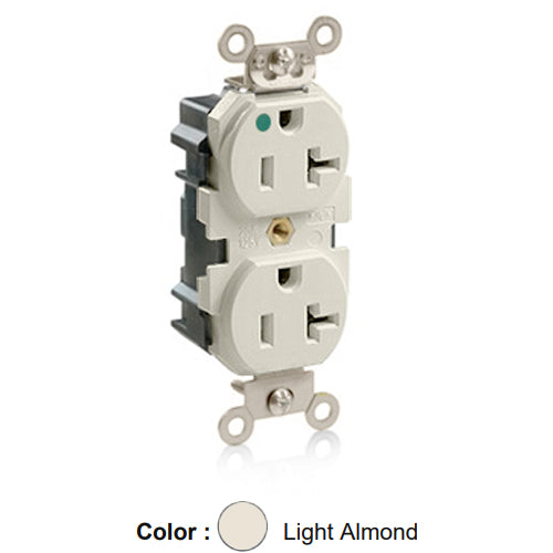 Leviton M8300-T, Lev-Lok Straight Blade Duplex Receptacle, Extra Heavy-Duty Hospital Grade, Smooth Face, 20A 125V, NEMA 5-20R, 2-Pole, 3-Wire, Modular Terminals, Nickel-Plated Brass Strap, Light Almond