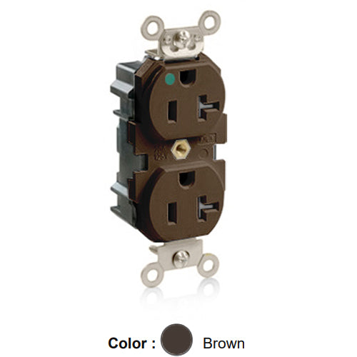 Leviton M8300, Lev-Lok Straight Blade Duplex Receptacle, Extra Heavy-Duty Hospital Grade, Smooth Face, 20A 125V, NEMA 5-20R, 2-Pole, 3-Wire, Modular Terminals, Nickel-Plated Brass Strap, Brown