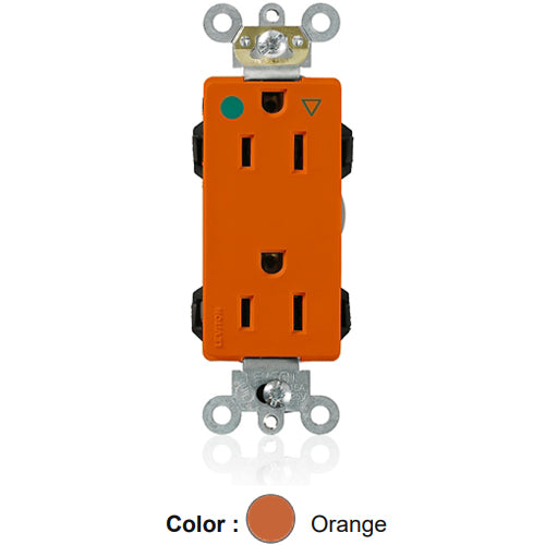 Leviton MD820-IG, Lev-Lok Decora Plus Straight Blade Duplex Receptacle, Heavy-Duty Hospital Grade, Isolated Ground, Smooth Face, 15A 125V, NEMA 5-15R, 2-Pole, 3-Wire, Modular Terminals, Orange