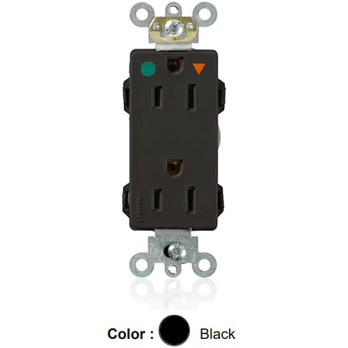 Leviton MD820-IGE, Lev-Lok Decora Plus Straight Blade Duplex Receptacle, Heavy-Duty Hospital Grade, Isolated Ground, Smooth Face, 15A 125V, NEMA 5-15R, 2-Pole, 3-Wire, Modular Terminals, Black