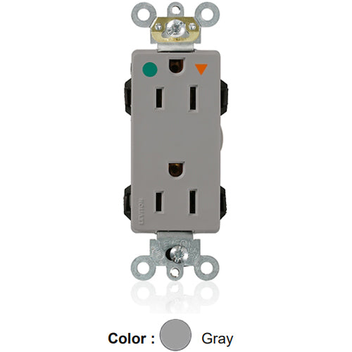 Leviton MD820-IGG, Lev-Lok Decora Plus Straight Blade Duplex Receptacle, Heavy-Duty Hospital Grade, Isolated Ground, Smooth Face, 15A 125V, NEMA 5-15R, 2-Pole, 3-Wire, Modular Terminals, Gray