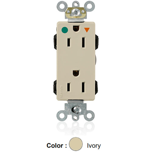 Leviton MD820-IGI, Lev-Lok Decora Plus Straight Blade Duplex Receptacle, Heavy-Duty Hospital Grade, Isolated Ground, Smooth Face, 15A 125V, NEMA 5-15R, 2-Pole, 3-Wire, Modular Terminals, Ivory