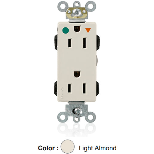 Leviton MD820-IGT, Lev-Lok Decora Plus Straight Blade Duplex Receptacle, Heavy-Duty Hospital Grade, Isolated Ground, Smooth Face, 15A 125V, NEMA 5-15R, 2-Pole, 3-Wire, Modular Terminals, Light Almond