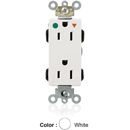 Leviton MD820-IGW, Lev-Lok Decora Plus Straight Blade Duplex Receptacle, Heavy-Duty Hospital Grade, Isolated Ground, Smooth Face, 15A 125V, NEMA 5-15R, 2-Pole, 3-Wire, Modular Terminals, White