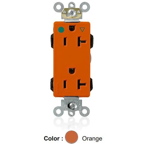 Leviton MD830-IG, Lev-Lok Decora Plus Straight Blade Duplex Receptacle, Heavy-Duty Hospital Grade, Isolated Ground, Smooth Face, 20A 125V, NEMA 5-20R, 2-Pole, 3-Wire, Modular Terminals, Orange