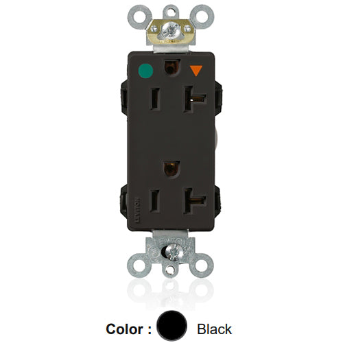 Leviton MD830-IGE, Lev-Lok Decora Plus Straight Blade Duplex Receptacle, Heavy-Duty Hospital Grade, Isolated Ground, Smooth Face, 20A 125V, NEMA 5-20R, 2-Pole, 3-Wire, Modular Terminals, Black