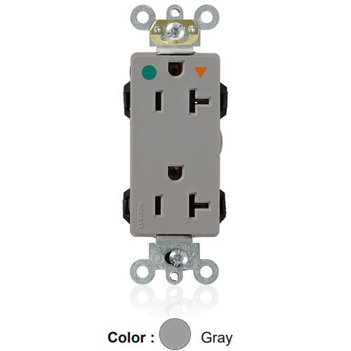 Leviton MD830-IGG, Lev-Lok Decora Plus Straight Blade Duplex Receptacle, Heavy-Duty Hospital Grade, Isolated Ground, Smooth Face, 20A 125V, NEMA 5-20R, 2-Pole, 3-Wire, Modular Terminals, Gray
