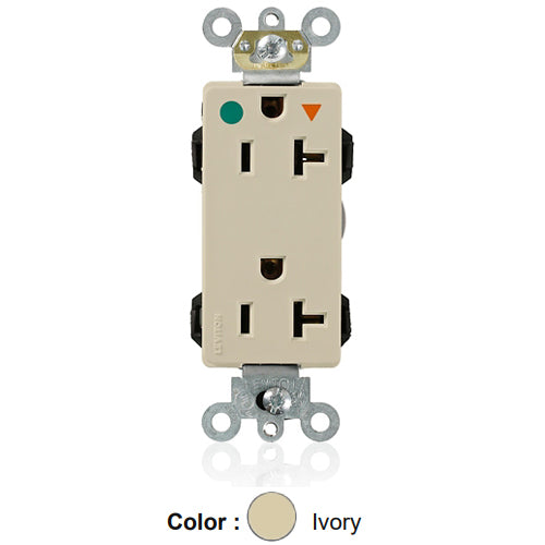 Leviton MD830-IGI, Lev-Lok Decora Plus Straight Blade Duplex Receptacle, Heavy-Duty Hospital Grade, Isolated Ground, Smooth Face, 20A 125V, NEMA 5-20R, 2-Pole, 3-Wire, Modular Terminals, Ivory