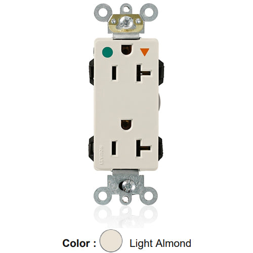 Leviton MD830-IGT, Lev-Lok Decora Plus Straight Blade Duplex Receptacle, Heavy-Duty Hospital Grade, Isolated Ground, Smooth Face, 20A 125V, NEMA 5-20R, 2-Pole, 3-Wire, Modular Terminals, Light Almond