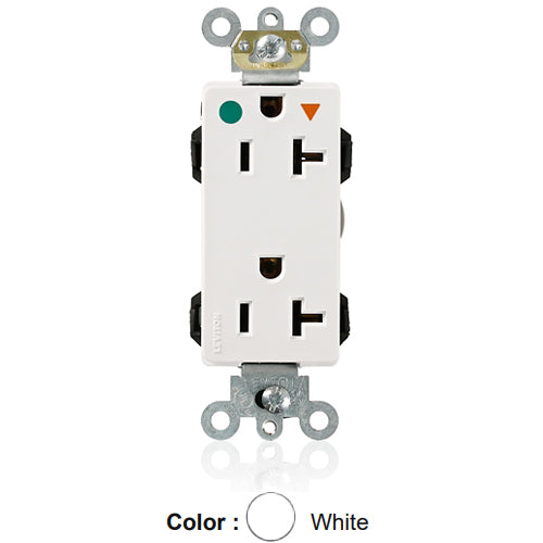 Leviton MD830-IGW, Lev-Lok Decora Plus Straight Blade Duplex Receptacle, Heavy-Duty Hospital Grade, Isolated Ground, Smooth Face, 20A 125V, NEMA 5-20R, 2-Pole, 3-Wire, Modular Terminals, White